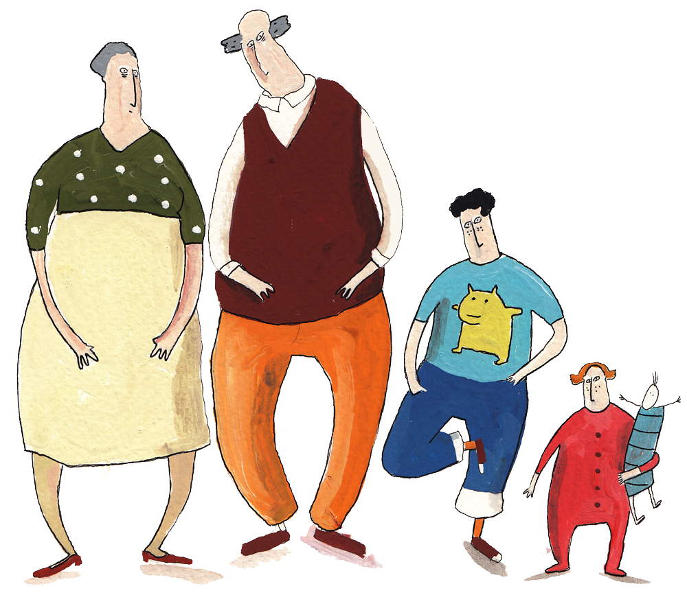 Illustration stylisée d'une famille de quatre personnes