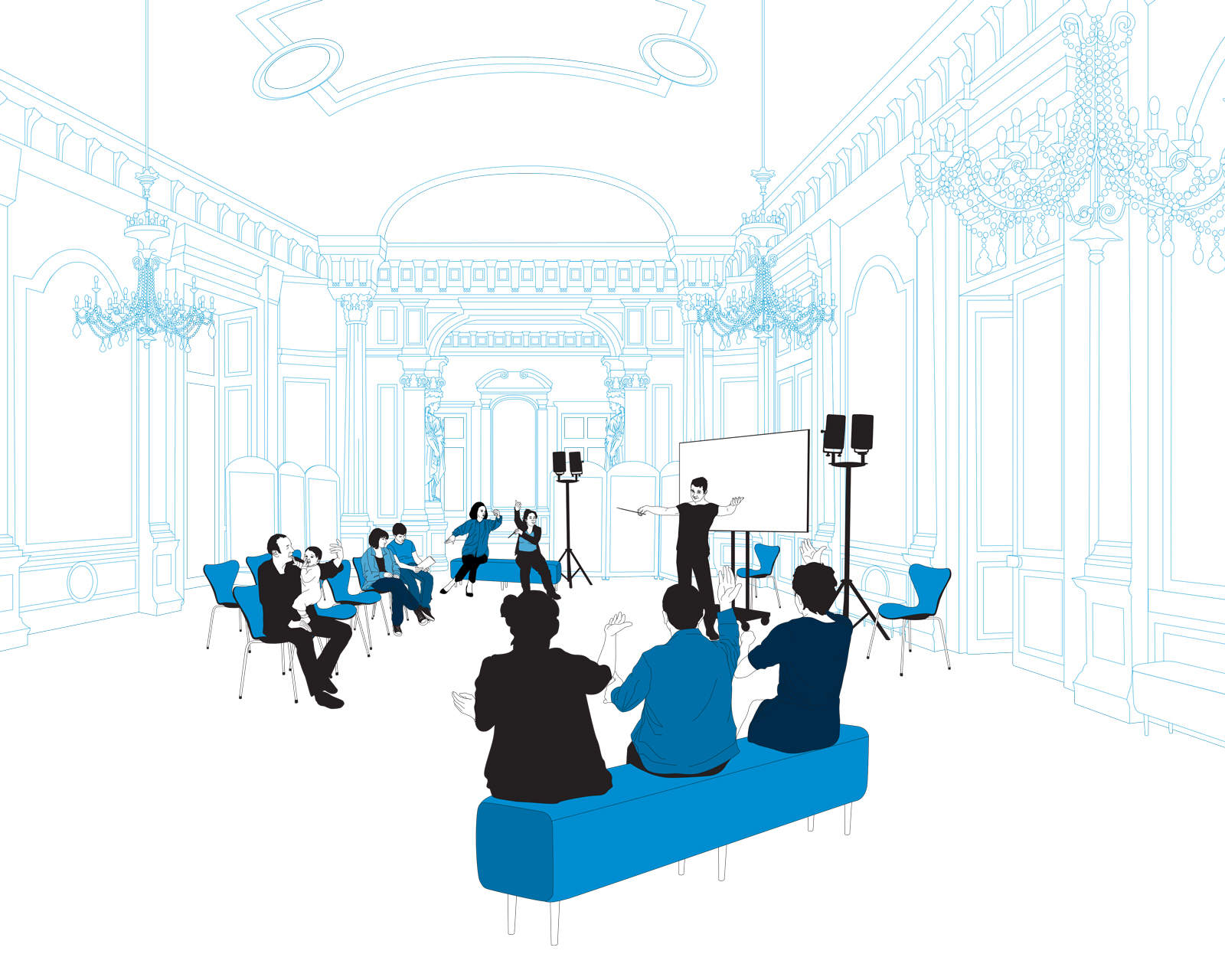 Présentation dans une salle ornée avec public