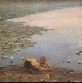 Peinture d’une femme nue pêchant près d’un étang