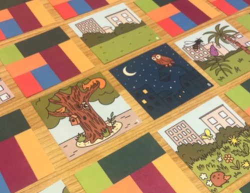Tapis coloré avec illustrations d'arbres et ville
