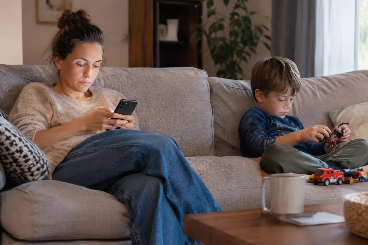 Mère sur smartphone, enfant jouant sur un canapé