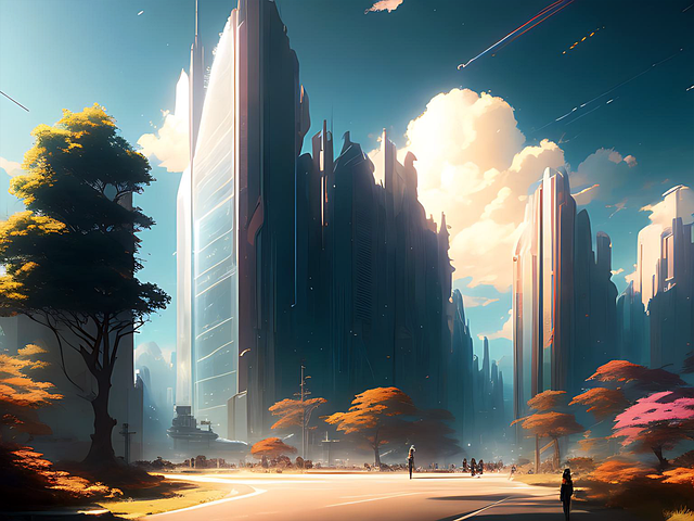 Ville futuriste aux gratte-ciel sous un ciel lumineux