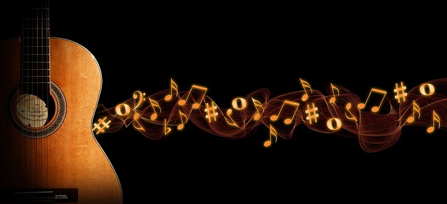 Guitare acoustique avec notes de musique lumineuses