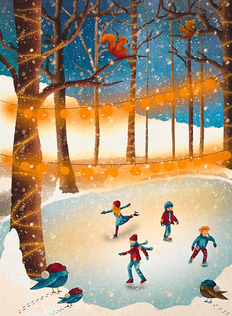 Enfants patinant dans une forêt enneigée illuminée